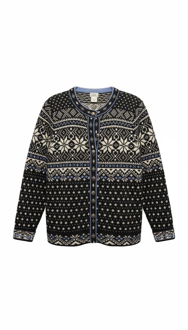 L.L.Bean Women’s Fair Isle Button Front Cardigan Sweater Black Blue Size L